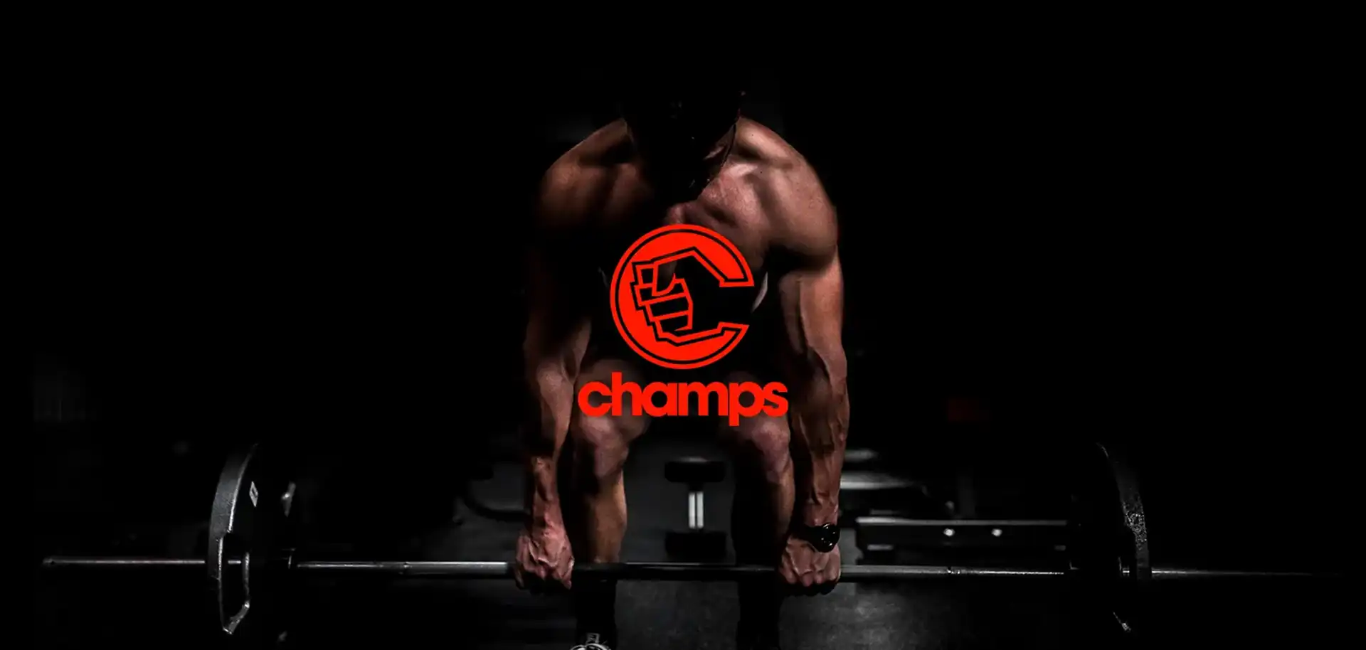 An image of Champs creative branding with champs logo and a weightlifter by Mr Ari