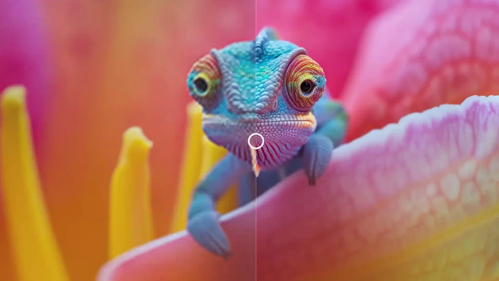 AI for graphic design ; An image of a chameleon used as comparison to blurry and enhanced image. Photo by : <a href="https://letsenhance.io/">Let's Enhance</a>